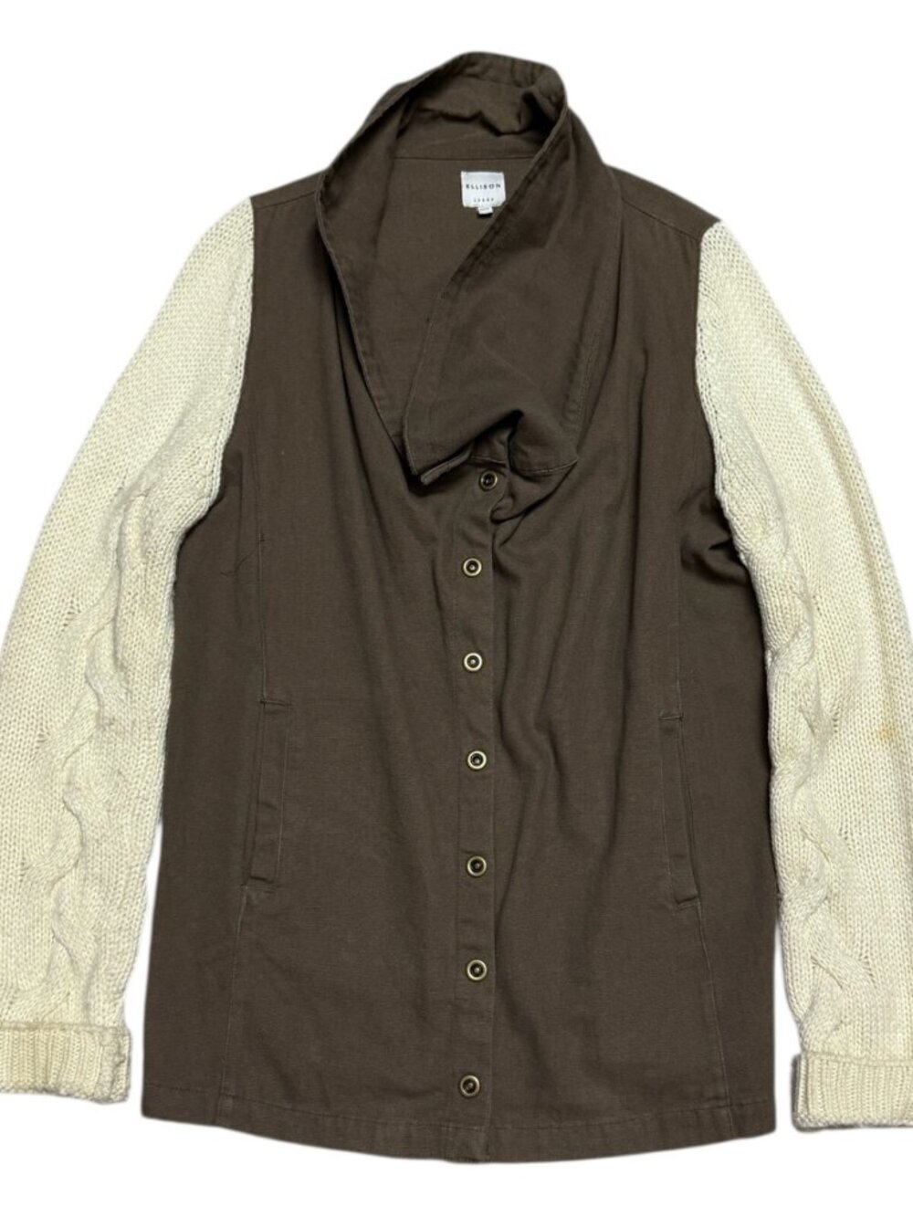 ELLISON Khaki Knit Sleeve Luxury Designer Casual Sweater Jacket Shacket Womens L - Picture 1 of 7